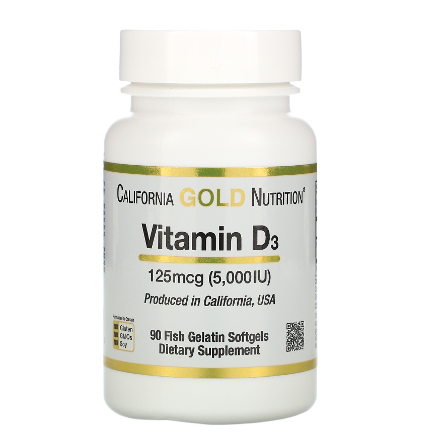 Витамин D California Gold Nutrition, витамин D3, 125 мкг (5000 МЕ) 90 рыбно-желатиновых капсул фото 1